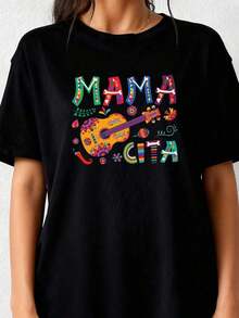 1 Piece Of Vibrant Graphic T-Shirt For Women "Mama Cita" - Casual Round Neck, Short Sleeve, Colorful Mexican-Inspired Design With Guitar And Flower Print, Lightweight For Spring And Summer, Mexican T-Shirt 180g 100% Cotton. - 黑色 3 - 查看 3