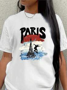 Camiseta de manga corta con estampado de la Torre Eiffel de París, adecuada para uso casual en cafeterías o parques, ligera, duradera, cómoda para el uso diario, blusa casual para mujer. - Blanco - Ver 1
