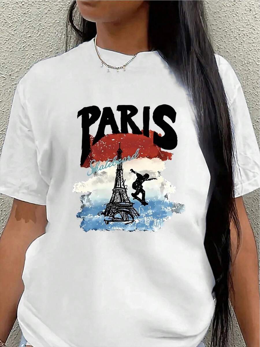 Camiseta de manga corta con estampado de la Torre Eiffel de París, adecuada para uso casual en cafeterías o parques, ligera, duradera, cómoda para el uso diario, blusa casual para mujer. - Blanco - Ver 1
