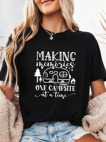 1 Piece Of Women's Vintage Graphic T-Shirt With Camp Design, Featuring The Slogan "One Camp At A Time" And Camper Van Design, Soft, Stretchy, Round Neck And Short Sleeve, For Outdoor Enthusiasts, Camping Wear, Casual, 180g, 100% Cotton. - Black 1 - 查看 2
