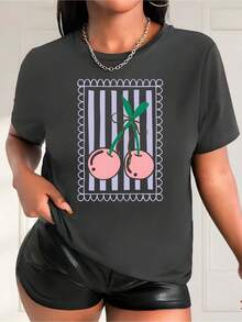 Short-Sleeve T-Shirt With Cherry Stripe Print, Printed Shirt, Casual Round Neck T-Shirt For Women, Women's Clothing, Teacher T-Shirt DMJ3 - 深灰色 - 查看 5