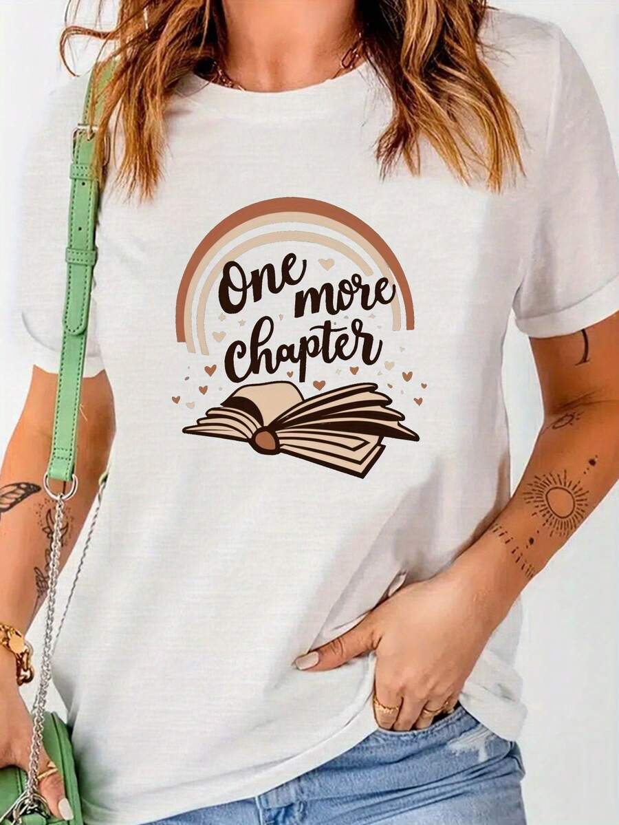 Camisetas de moda de algodón de talla grande para mujer 2026, camiseta estampada "One More Chapter", camiseta casual de manga corta con cuello redondo para primavera y verano, top de manga corta cómodo, suave y sencillo para uso diario de mujer. - Blanco - Ver 1