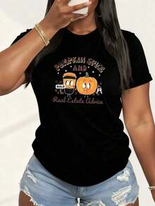 1 Piece Halloween T-Shirt For Real Estate Agents With Pumpkin Spice Print, Autumn T-Shirt For Real Estate Agents, Gift For Real Estate Agents, Halloween T-Shirt For Real Estate Agents, 180g 100% Cotton - Black 1 - 查看 1
