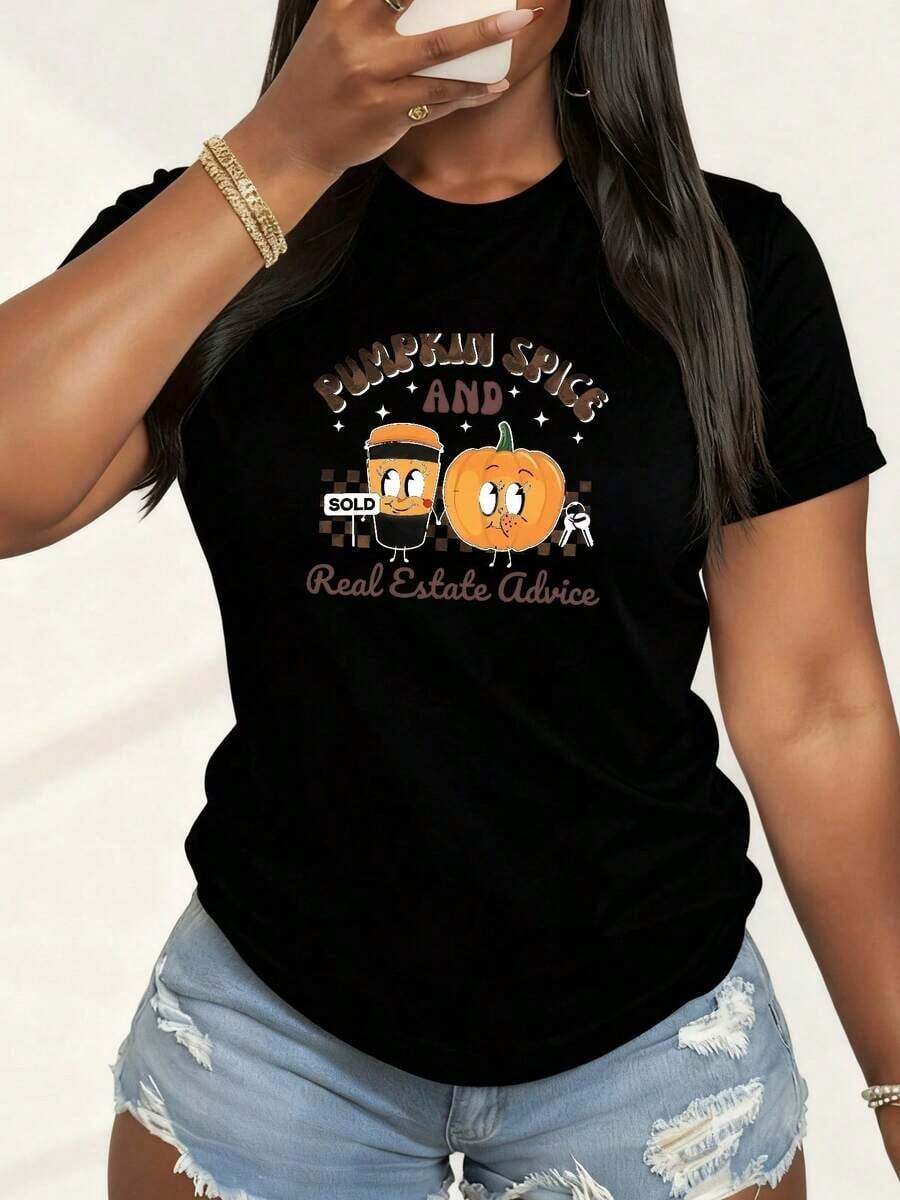1 Piece Halloween T-Shirt For Real Estate Agents With Pumpkin Spice Print, Autumn T-Shirt For Real Estate Agents, Gift For Real Estate Agents, Halloween T-Shirt For Real Estate Agents, 180g 100% Cotton - Black 1 - 查看 1