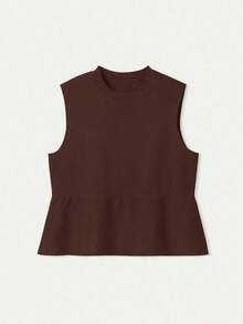 Blusa sin mangas de punto para mujer, estilo minimalista casual, unicolor, bajo con volantes, favorecedora, adecuada para ir a trabajar, citas, vacaciones, tiempo libre - Café rojo - Ver 7