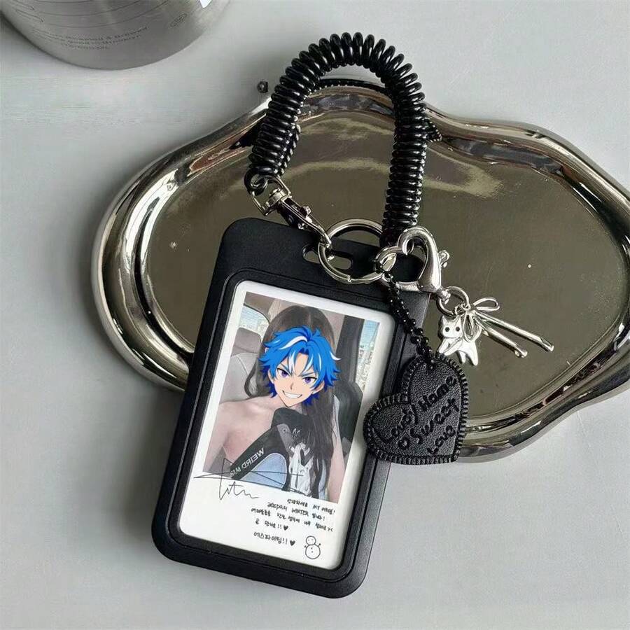 Black Ins Style Photocard Holder Keychain Cute Heart Pendant Card Protector With Spring Lanyard For Idol Photo Student ID Card - Color - View 1