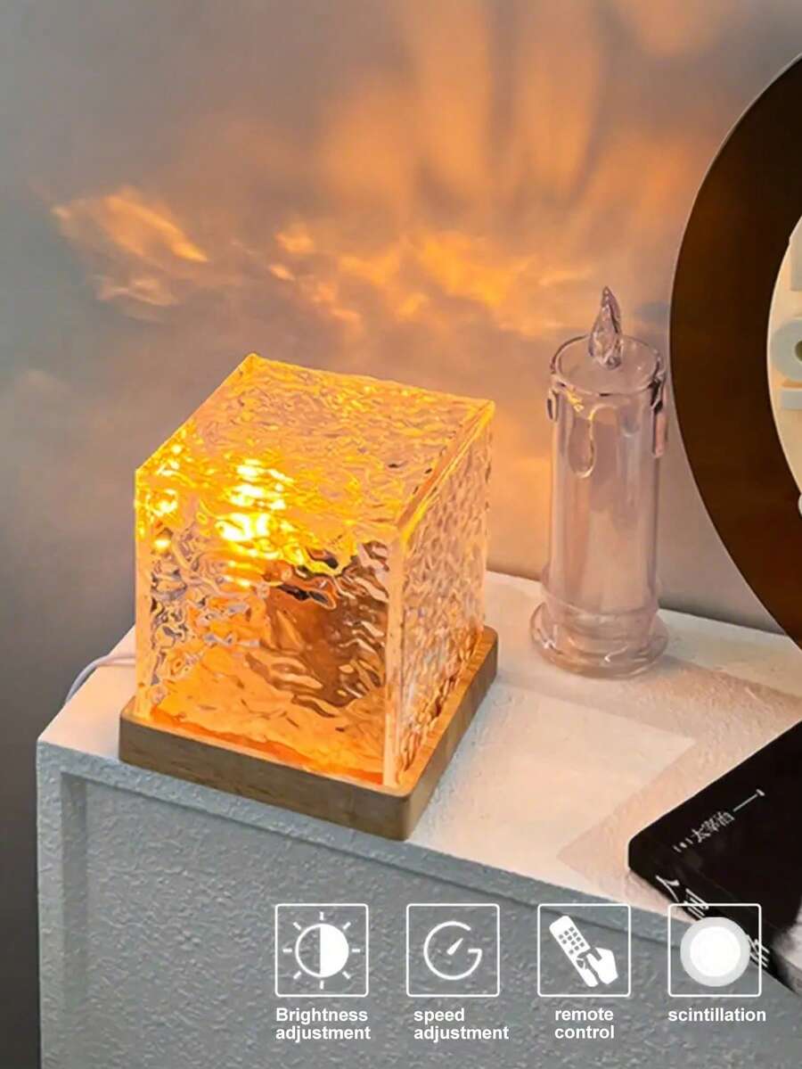 1pc 16-Color Water Wave Projection Lamp, USB Powered With Remote Control Ocean Wave Nightlight, Dynamic Rotating Crystal Cube Atmosphere Lamp, Suitable For Bedroom, Bathroom, Living Room Decor