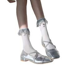 Gray Women Ballet Style Mid Calf Socks, Spring Summer Star Tassel Glitter Socks, Stylish Personality Wide Striped Casual Cotton Socks, Aesthetic Sweet Daily Campus Streetwear Accessory - Hồng - Xem 5