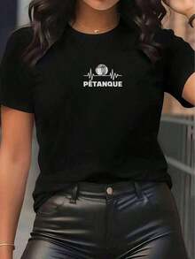 1 Piece Of Women's Short-Sleeved Sports T-Shirt - Petanque Heartbeat Pattern Design, Breathable And Comfortable With A Round Neck, Suitable For Any Occasion, Material Blend, Easy Care, All-Season Wear, Available In Multiple Colors And Sizes, Perfect Match. 180g 100% Cotton. - 黑色 - 查看 12