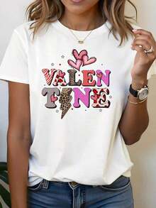 Camiseta de Cuello Redondo para Mujer con Tema Divertido de San Valentín |   Camiseta Casual de Manga Corta para Mujer con Estampado de Corazones y Leopardo y Decoración con Eslabón, Rosa-Marrón, Estilo Dulce y Genial, Divertida para San Valentín, Talla Estándar, Camiseta Básica, Blusas para Mujer Casual - Blanco - Ver 7
