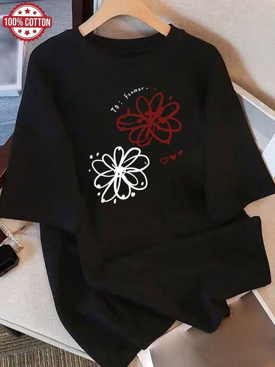 Camiseta de Mujer: Camiseta de Verano Moderna de Algodón Puro, Cuello Redondo Holgado, Ropa Versátil para Mujer, Camiseta Casual Cómoda para Adolescentes, Tops de Manga Corta Vibrantes y Juveniles para Uso Diario. - Negro - Ver 1