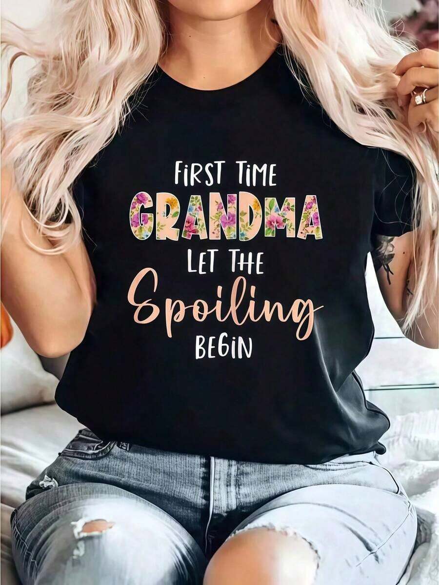 Round Neck Abuela - Que Comience El Consentir Regalo Camiseta Para Primera Vez Abuela Summer Essentials,Summer Outfits For Women,Graphic Tees Blusas Para Mujer Casual - Negro - Ver 1