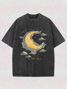 230g T-Shirt With Moon Print, Made Of High-Quality Cotton With Wax Print, Retro Style, Fashion Brand, For Men, Summer, Essential For The Beach, Holiday Gift, Perfect Gift. - 黑色 - 查看 6
