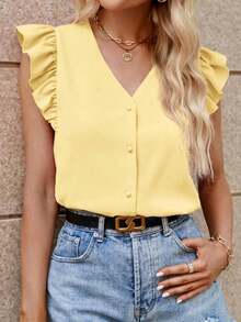 Camisa de mujer con cuello en V a rayas y mangas con volantes, camisas de verano para mujeres - Crema - Ver 3