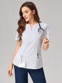 Top de uniforme de enfermería/pijama médica de manga corta, cuello con escote en pico, ajustado, de unicolor.Blusa de enfermera con 2 bolsillos, cruzada, con pantalones de pijama médica, batas de laboratorio, ropa exterior de pijama médica, ropa d - Blanco - Ver 8
