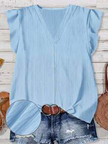 Blusa casual de escote en V para mujer, adecuada para el verano - Celeste - Ver 3