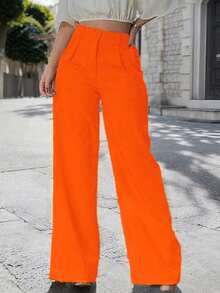 Pantalones Con Pierna Ancha Y Pliegues En Color Sólido Con Bolsillos Diagonales - Naranja - Ver 5