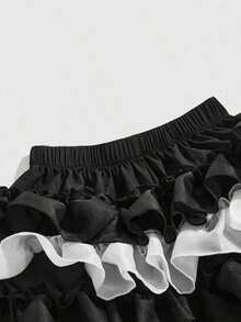 Kawaii Falda pantalón con volantes de color contrastante para mujer - Blanco y Negro - Ver 3