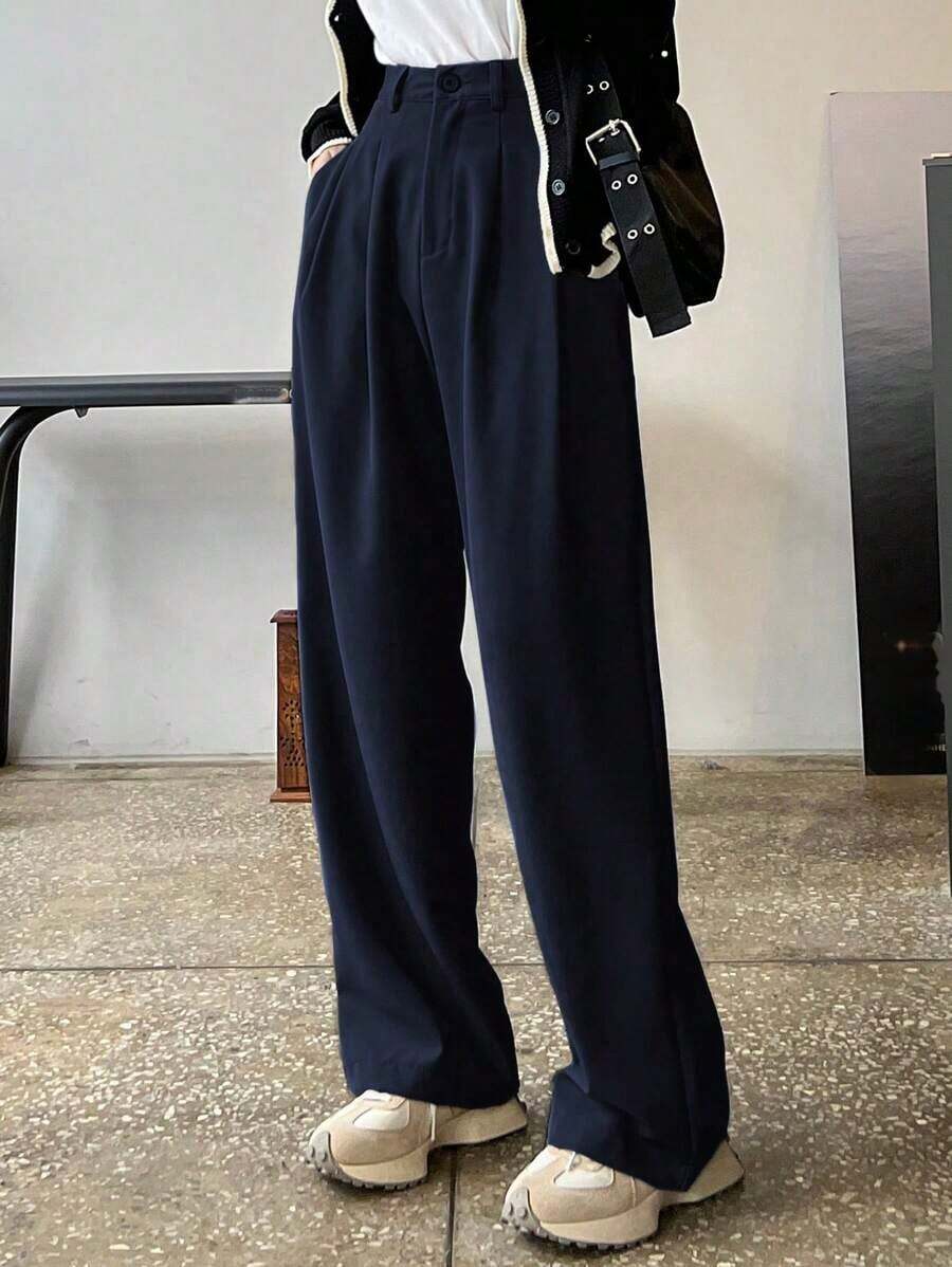 Pantalones rectos plisados de unicolor para mujer, pantalones de vestir casuales de otoño - Azul marino - Ver 1
