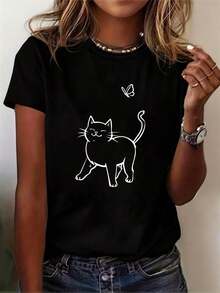 1 pieza de Playera corta 100% algodón, cuello redondo casual con estampado, dise?o gato y mariposa, manga corta transpirable para uso diario - Negro - Ver 1