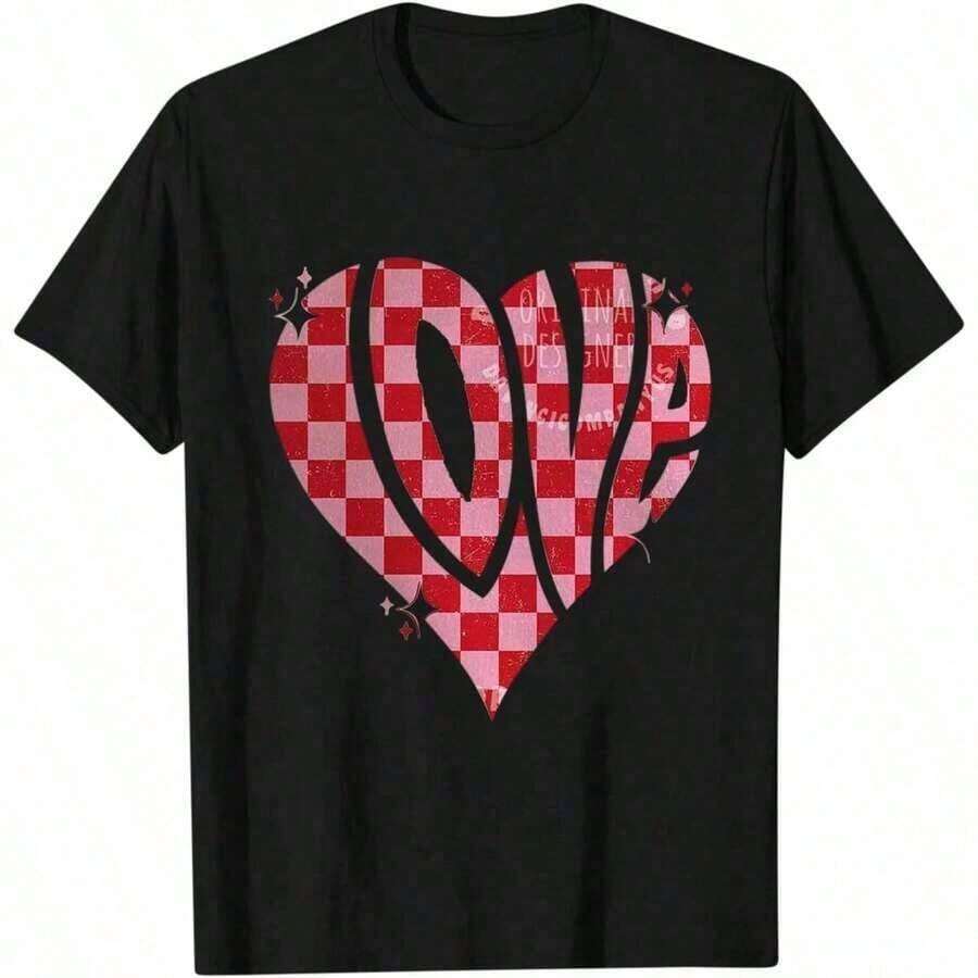 Camiseta de manga corta con cuello redondo y estampado de corazones de San Valentín para mujer, ropa térmica para uso diario, tela suave, top corto elegante, camiseta gráfica para mujer. - Negro 7 - Ver 1
