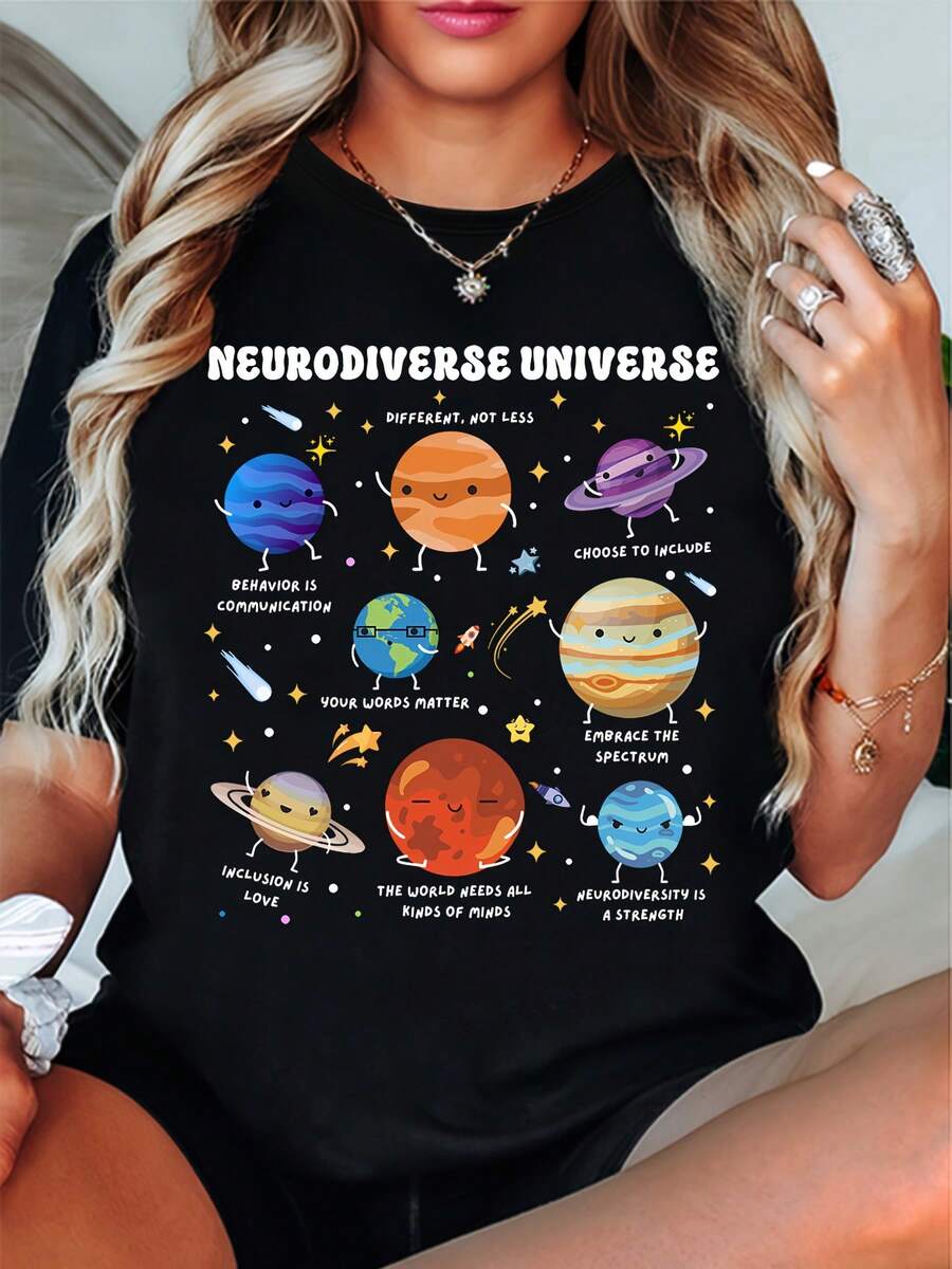 Camisetas Estampadas de Neurodiversidad, Camisetas de Neurodiversidad Espacial, Camisetas para Maestros de Educación Especial, Camisetas de Autismo, Regalos para Maestros, Camisetas Divertidas del Universo y Planetas - Negro - Ver 1