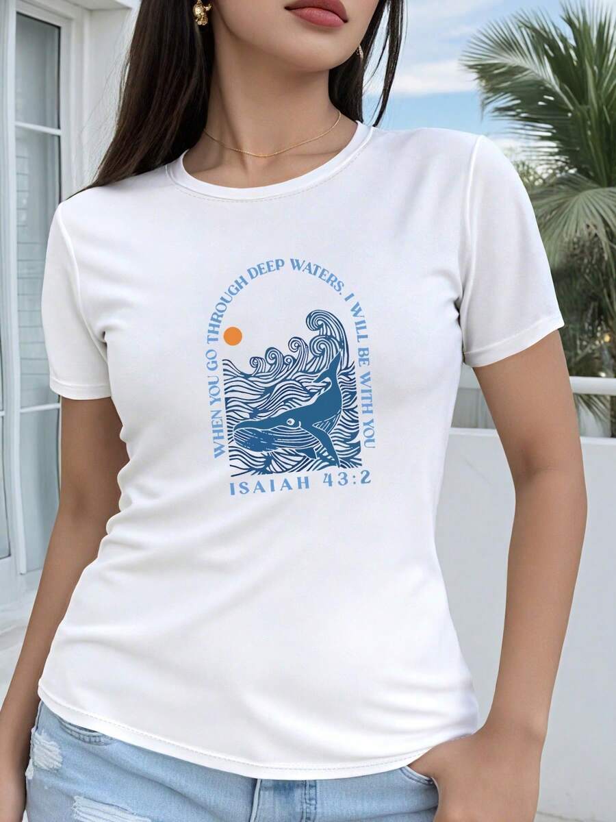Camiseta de manga corta de corte regular para mujer - Camiseta casual de cuello redondo con diseño geométrico 2D de ballena y ola, con estampado de versículos bíblicos, adecuada para todas las estaciones, disponible en múltiples colores y tallas, moda para vacaciones, estética vintage - alta calidad. - Blanco - Ver 1