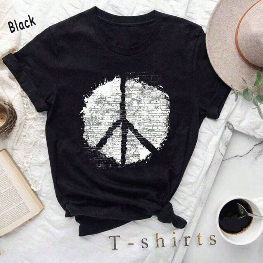 Camiseta Gráfica de Manga Corta, Camiseta de la Paz, Camiseta con el Símbolo de la Paz, Camiseta Vintage de la Paz, Camiseta de Activista, Camiseta Positiva, Camiseta Contra la , Camiseta Política, Camiseta Hippie, Vintage Vintage - Negro - Ver 1