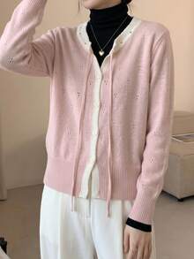 JIANHU 新款春季甜美圆领针织开衫女短款休闲抽绳毛衣外套，清新时尚粉色 - 粉色 - 查看 10