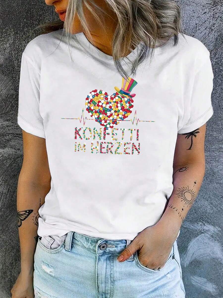 Women's T-shirt Popular camiseta de manga corta para mujer con estampado de corazones y cuello redondo ajustado. - Blanco - Ver 1