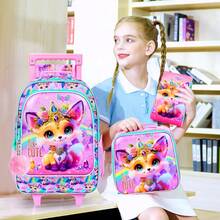 3Pcs Rolling Backpack For Girls, Kids Roller School Backpack With Wheels, Fox Wheeled Bookbag For Elementary Preschool Kindergarten(Pink) - UV Roller Backpack - View 6
