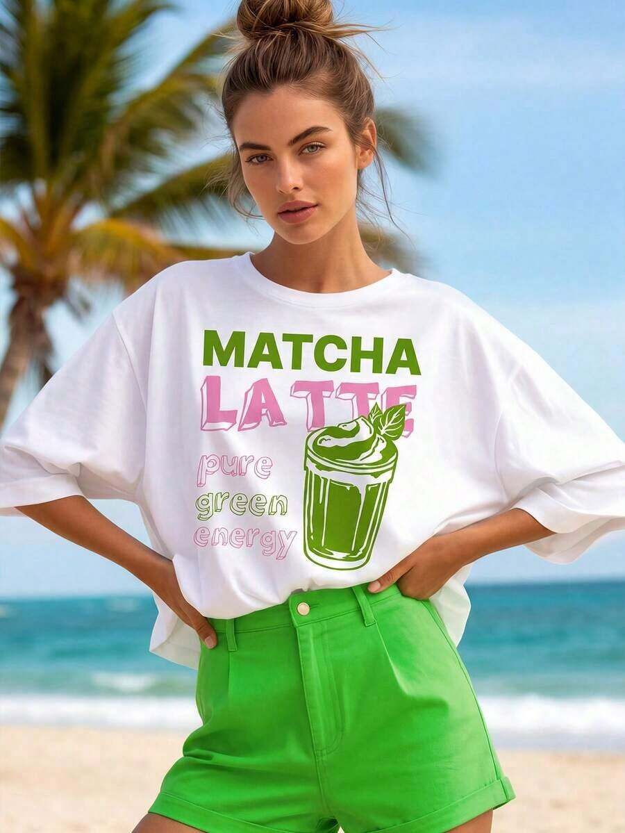 Camiseta de manga corta para mujer, casual, blanca, con estampado gráfico de Matcha Verde Puro Energético, cuello redondo y hombros caídos 2026 - Blanco - Ver 1