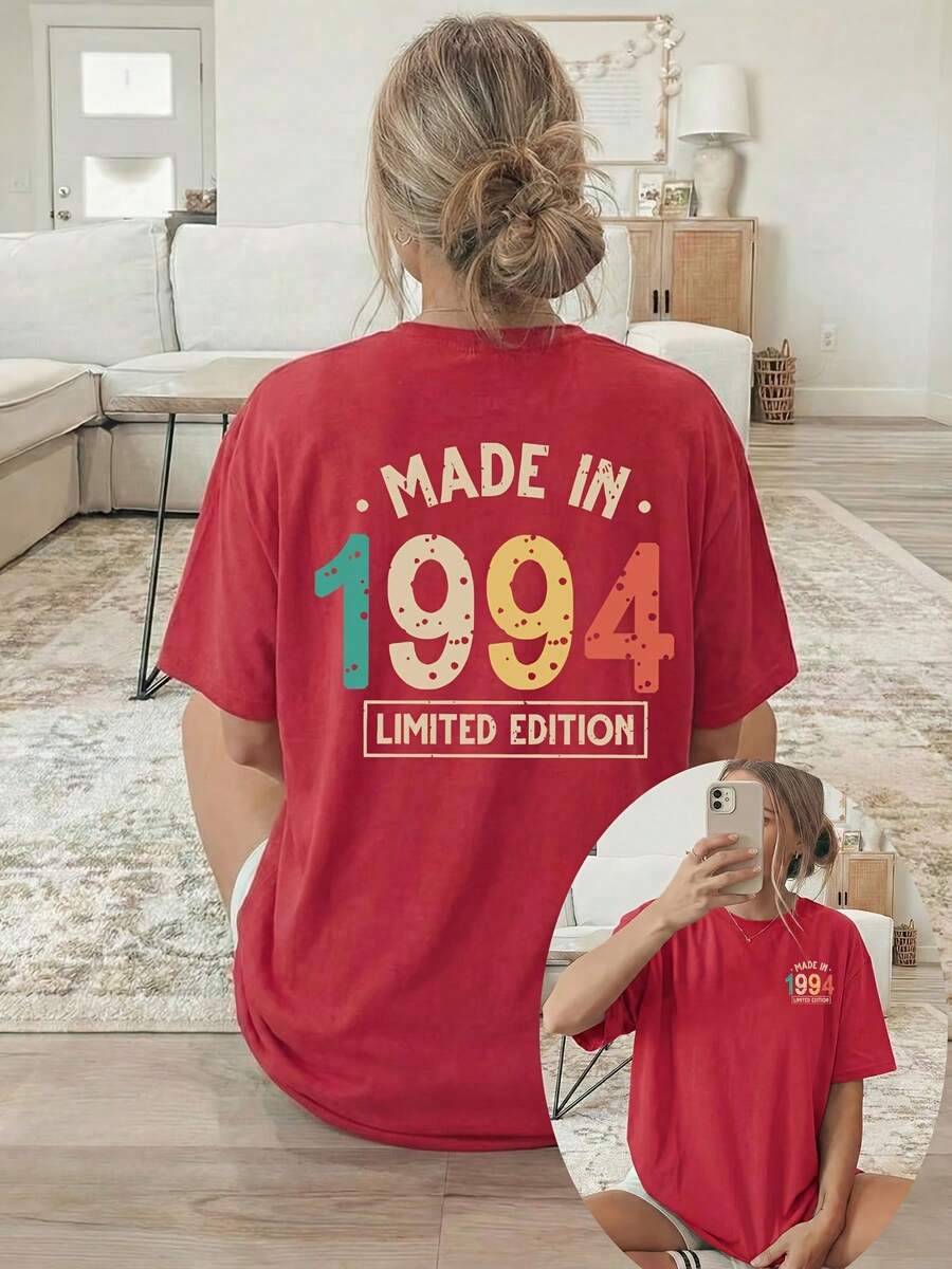 [Double-Sided Printing] Women's Casual Summer T-Shirt, MADE IN 1994 LIMITED, Suitable For Comfortable Wear In All Seasons, Limited Edition MADE IN 1994 With Colorful Digital Print, Versatile Clothing, Comfortable Material, Short-Sleeved T-Shirt, 100% Cotton For Fashion Enthusiasts. - 紅色 - 查看 1