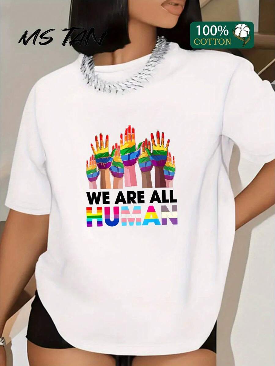 Camiseta de mujer con estampado creativo Todos somos humanos - Estilo vintage casual, cuello redondo, manga corta, lavable aáquina, manga corta casual y a,% algodón, lavable aáquina, ropa casual con estilo moderno, adecuada para graduaciones. - Blanco - Ver 1