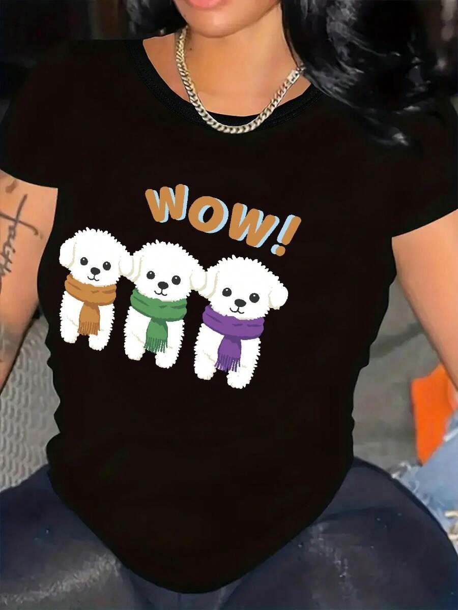 Ropa de mujer de talla, camiseta holgada de mujer - Estampado con diseño de Pomerania y! , top negro casual de manga corta con cuello redondo, adecuada para uso diario en primavera y verano, ropa para amantes de las mascotas - Camiseta unisex de algodón holgada de manga corta y cuello redondo estilo vintage urbano. - Negro - Ver 1