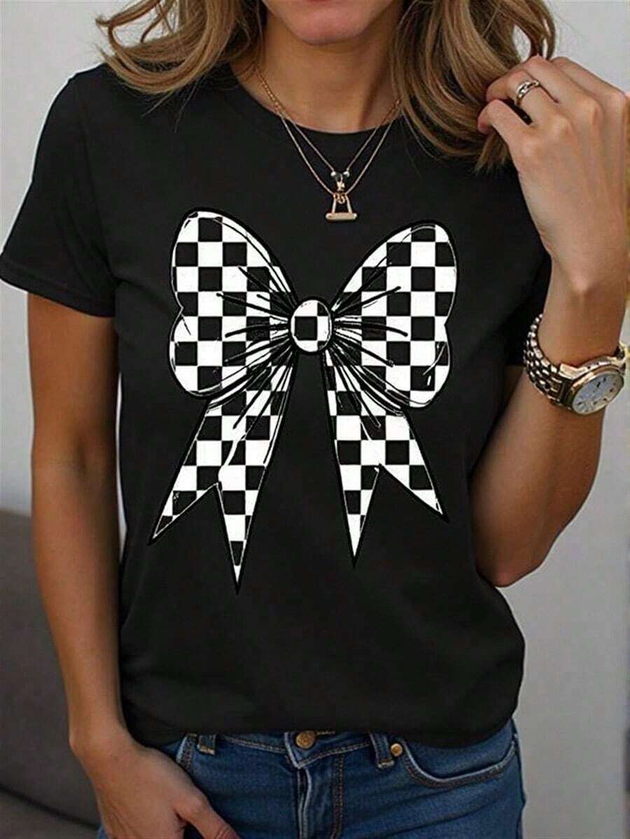 Camiseta CasualWos con estampado de lazo a cuadros blanco y negro, estilo retro Y2k, cuello redondo, tela transpirable, suave y elástica, corte holgado, informal, semi-formal, lavable a máquina, versátil para usar en capas, para mujeres. - Negro - Ver 1
