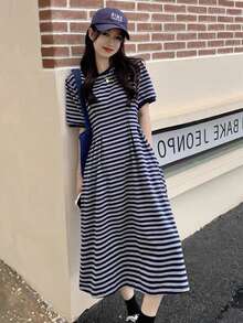 Women's Polka Dot Dress, Short Sleeve, Long Length, Suitable For Commuting, Office Casual, Cute And Stylish, Figure-Flattering, Elegant, Retro, Spring/Summer. - Blue and White - View 2