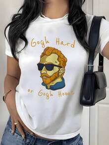 Camiseta con Estampado Gráfico Inspirado en Van Gogh, 180g, 1 Pieza, Frase Artística Divertida, Camiseta Casual para Mujer, 100% Algodón, Estilo Vintage Streetwear - Blanco - Ver 9