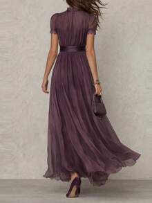 Vestido de gran falda con escote V cintura ajustada y volantes elegante y casual - Morado - Ver 3