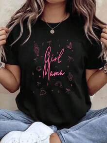 Camiseta "Girl Mama" para Madres de Hijas, Diseño Gráfico Rosa, Linda Camiseta de Maternidad, Regalo Perfecto para el Cumpleaños de Mamá o el Día de la Madre, 220g - Estilo Vintage Urbano, Unisex, Camiseta de Manga Corta de Algodón Suelto con Cuello Redondo, 100% Algodón - Negro - Ver 1