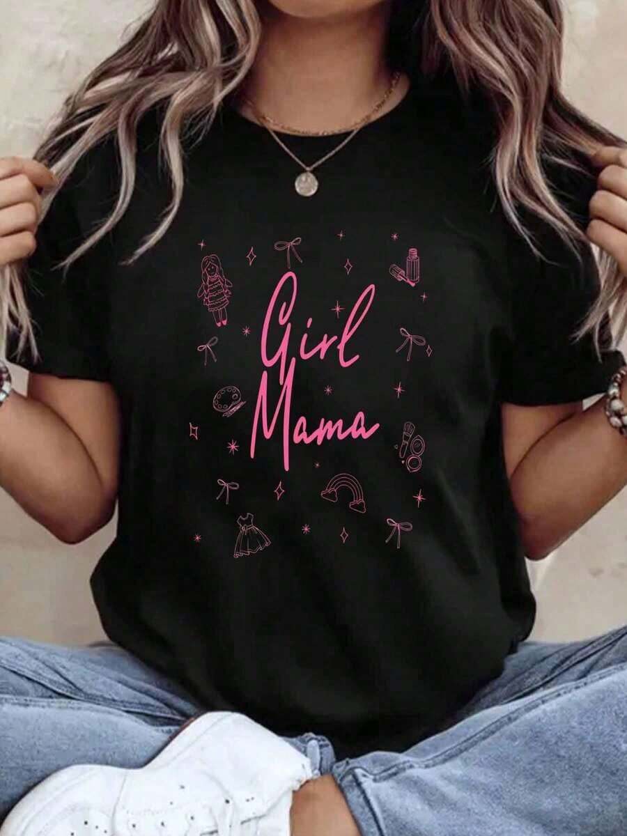 Camiseta "Girl Mama" para Madres de Hijas, Diseño Gráfico Rosa, Linda Camiseta de Maternidad, Regalo Perfecto para el Cumpleaños de Mamá o el Día de la Madre, 220g - Estilo Vintage Urbano, Unisex, Camiseta de Manga Corta de Algodón Suelto con Cuello Redondo, 100% Algodón - Negro - Ver 1