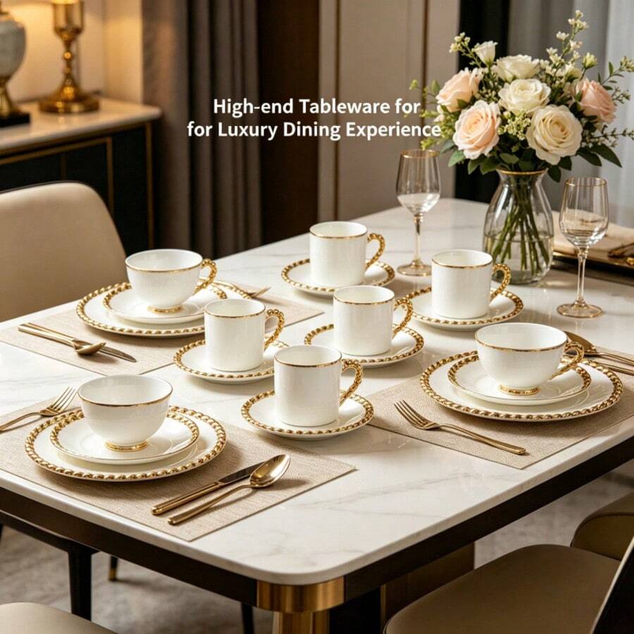 Minimalist Luxury Gold Rim Pearl Edge Ceramic Coffee Cup & Saucer Set, 6 Pieces, Home Afternoon Tea Small Tea Cups Espresso Cups - Multicolor - View 1