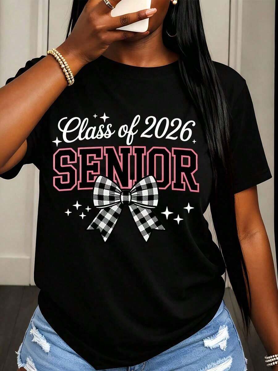 Camiseta de Mujer Clase de 2026 con Diseño de Lazo a Cuadros para Celebración de Graduación Primavera Verano - Negro - Ver 1