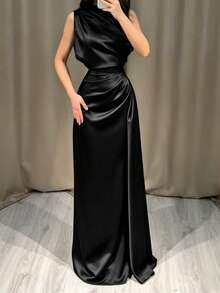 Navy Satin Asymmetric Ruched Sleeveless Formal Dress, Elegant Women Spring Autumn Dress Black Summer - Black - View 10