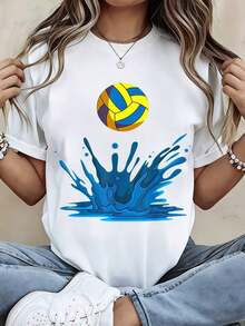 Women's Fashionable Volleyball Splash Design T-Shirt, Summer Casual Wear, Beach Sports Outfit, Lightweight And Comfortable Top For An Active Lifestyle - 白色 - 查看 7