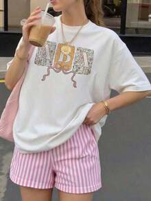 Women's Casual One-Piece T-Shirt With Retro Floral Print, ABA Coquette Design, And Appliquéd Bow, 180g, Basic Graphic Tees, Mother's Day Gift, Casual Short-Sleeve T-Shirts, Fashion - 白色 - 查看 7