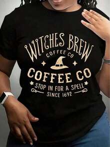 2026 Brujas Brew Café Co Magia Mujeres Plus Tamaño Sudadera - Brujero Café Caldero Gráfico Suéter Largo Manga Otoño Invierno Suéter En Esmeralda Verde Para Halloween & Café Amantes, Acogedor Ropa,Sólida Color Redondo Cuello Corto Manga Simple Camiseta para mujer, ropa fresca de verano - Negro - Ver 1