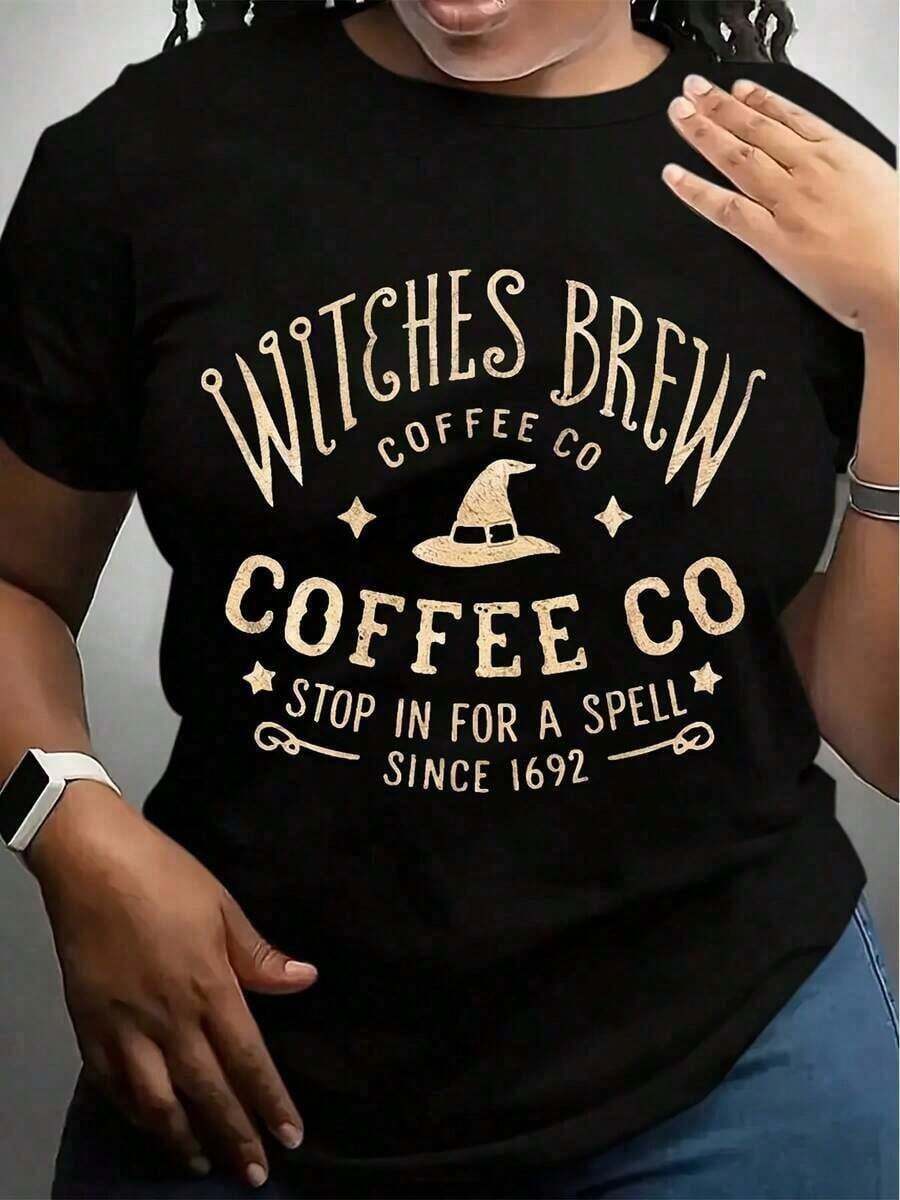 2026 Brujas Brew Café Co Magia Mujeres Plus Tamaño Sudadera - Brujero Café Caldero Gráfico Suéter Largo Manga Otoño Invierno Suéter En Esmeralda Verde Para Halloween & Café Amantes, Acogedor Ropa,Sólida Color Redondo Cuello Corto Manga Simple Camiseta para mujer, ropa fresca de verano - Negro - Ver 1