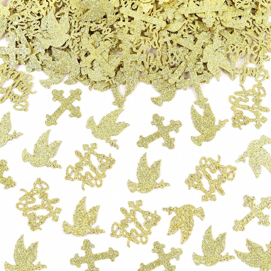 10g Shiny Gold God Bless Multicolor Confetti, Double-Sided Gold Cross Dove Paper Confetti, Tabletop Decor For Baptism, Church Service, Christian Birthday, Religious Party - Gold - View 1