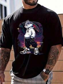 Men's Comfortable And Casual Washed Cotton Crew Neck T-Shirt With A Striking Rabbit Print, Short Sleeves, For Everyday Wear, Popular, Soft And Skin-Friendly, Unisex Style, Gifts, Men's T-Shirts, Sportswear, 100% Cotton. - 黑色 - 查看 5